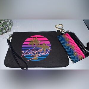 Victoria's Secret Black Wristlet with Pink & Blue Sunset Palm Design